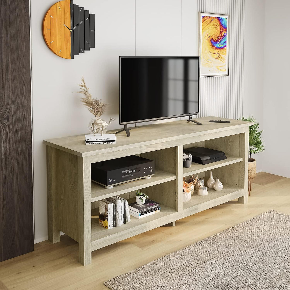 58 Modern TV Stand with 4 Open Storage Cabinets, Oak K12922