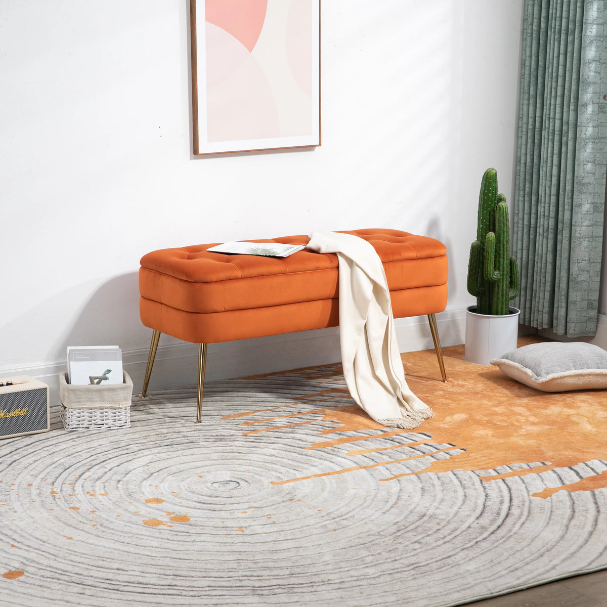 Velvet Storage Ottoman Bench with Safety Hinge B4625