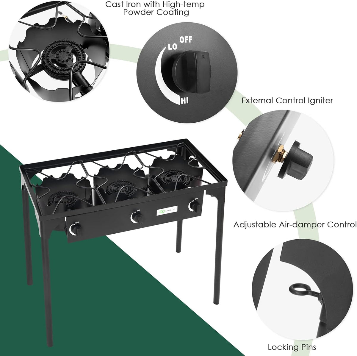 Portable Propane Gas Cooker Iron Cast 3-Burner D797905