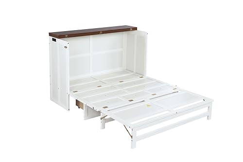 Queen Size White Wood Murphy Bed with Storage Drawer J783334