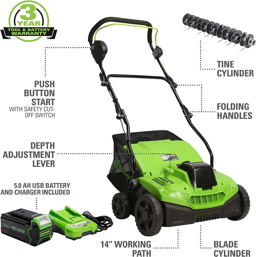 40V 2-In-1 Dethatcher Scarifier with 5Ah Battery and Charger W439