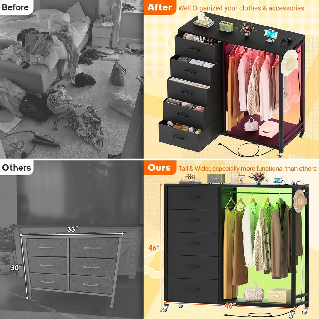 White 5 Drawer Dresser with Clothes Rack B957