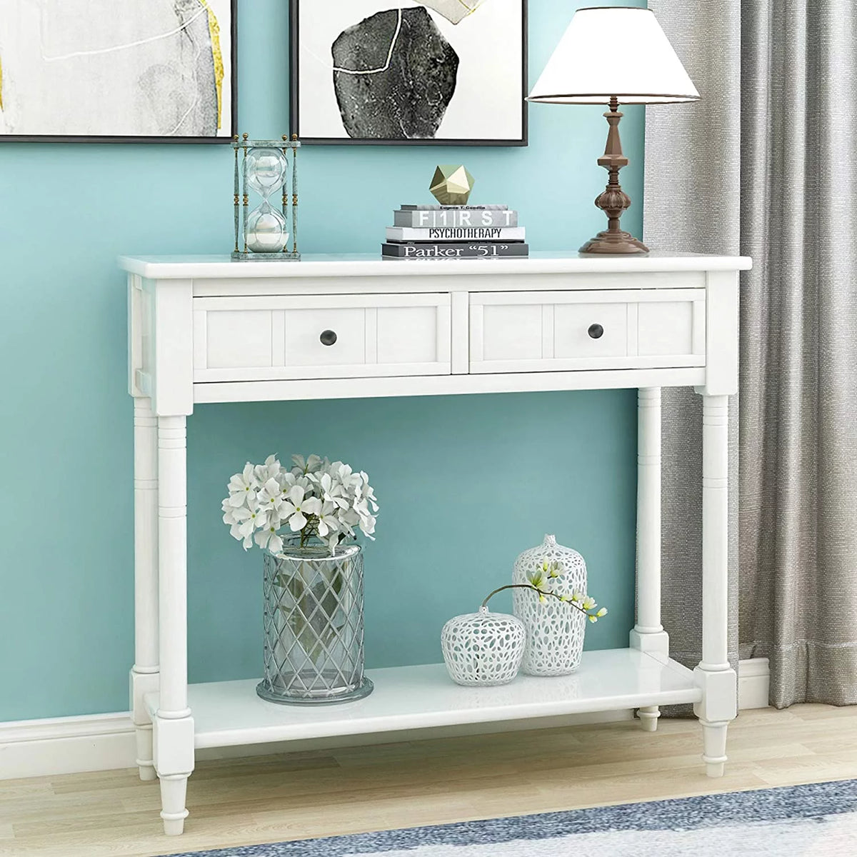 White Wooden Console Table with 2 Drawers F9053