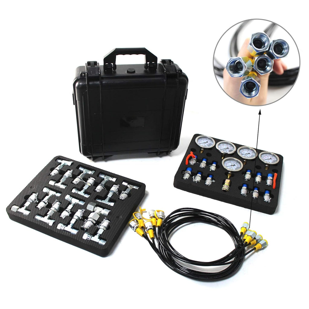 Hydraulic Pressure Test Kit with 5 Gauges 5 Test Hoses 13 Couplings and 14 Tee Connectors Y601