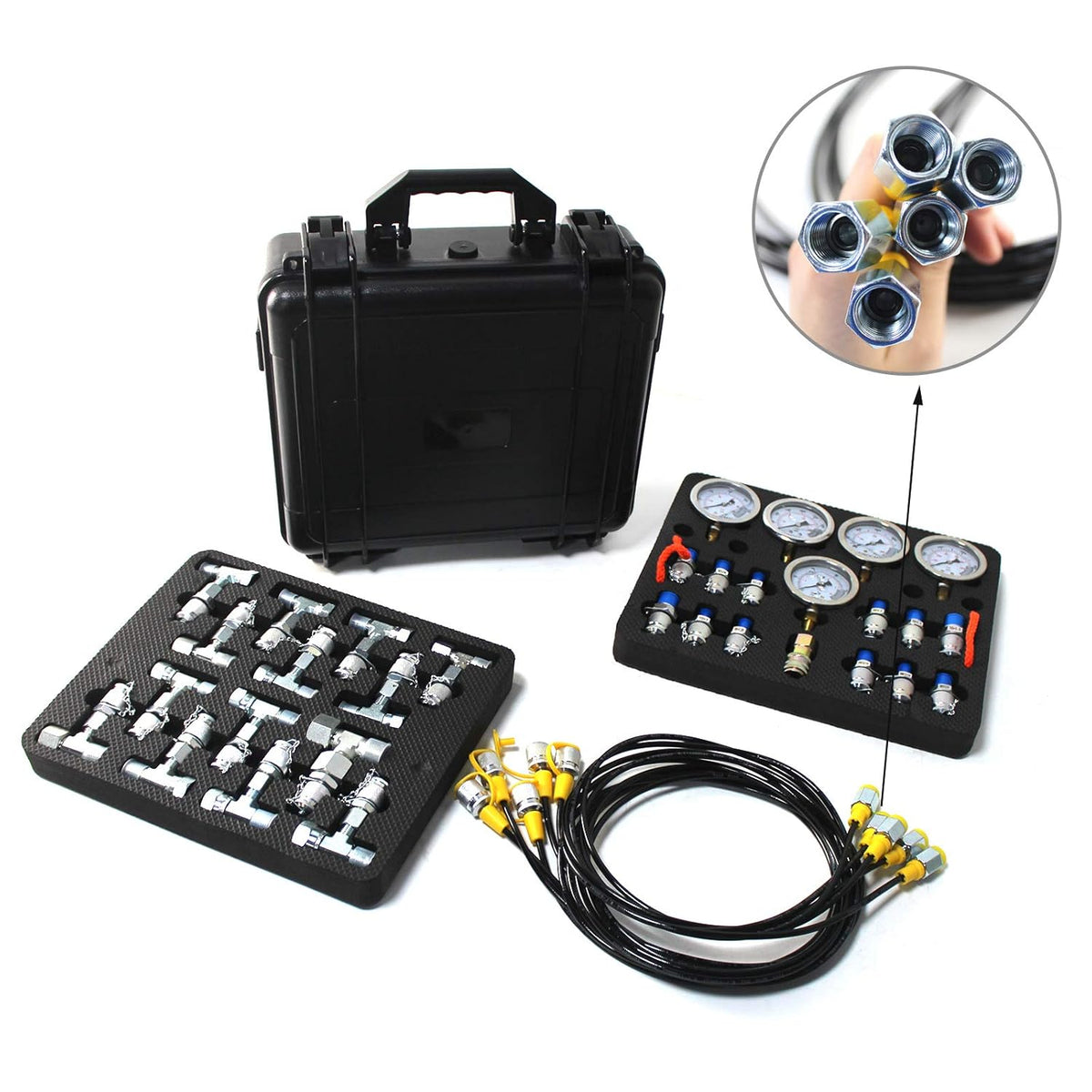 Hydraulic Pressure Test Kit with 5 Gauges 5 Test Hoses 13 Couplings and 14 Tee Connectors Y601