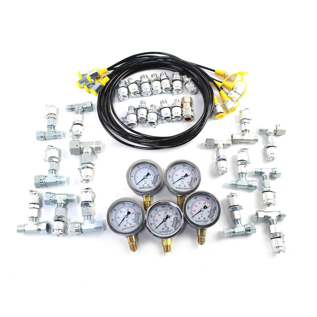Hydraulic Pressure Test Kit with 5 Gauges 5 Test Hoses 13 Couplings and 14 Tee Connectors Y601