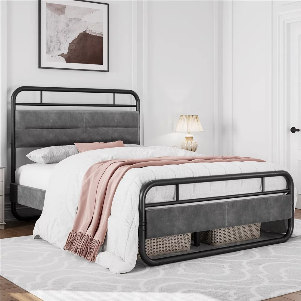 Queen Size Metal Platform Bed with Velvet Upholstered Headboard Y92669