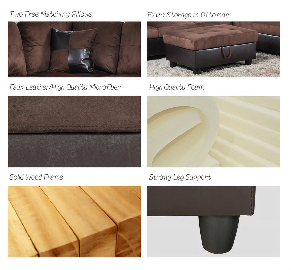 Brown Microfiber Faux Leather Sectional Sofa & Chaise with Ottoman V70763