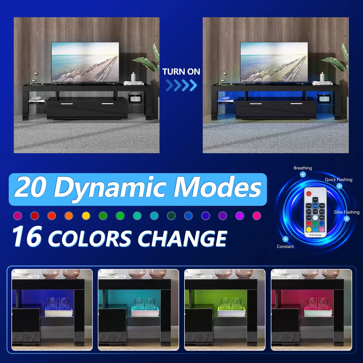 White High Gloss TV Stand with LED Lights and Storage Shelves T1721