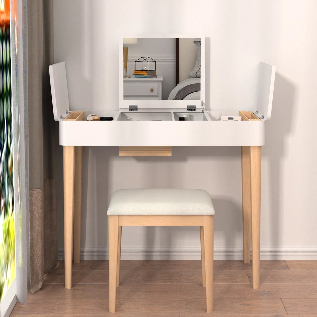 White Flip Top Mirror Vanity Table with Drawer I845