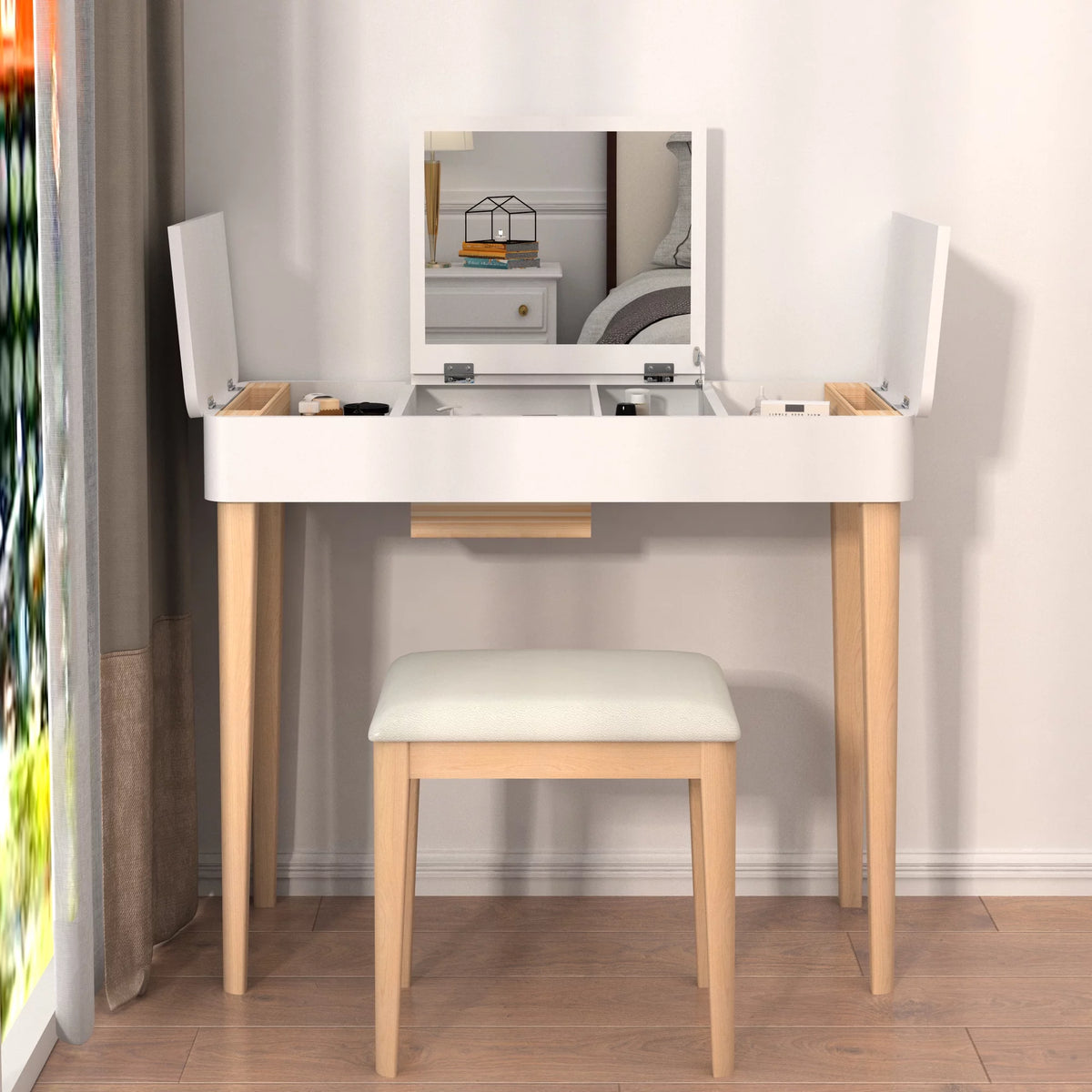 White Flip Top Mirror Vanity Table with Drawer I845
