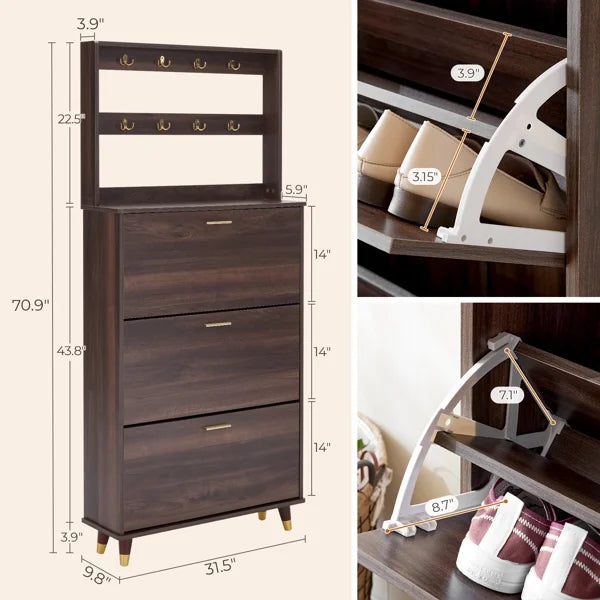 Brown Entryway Wardrobe Armoire Closet with 12 Hooks & 3 Shoe Cabinets Z858146