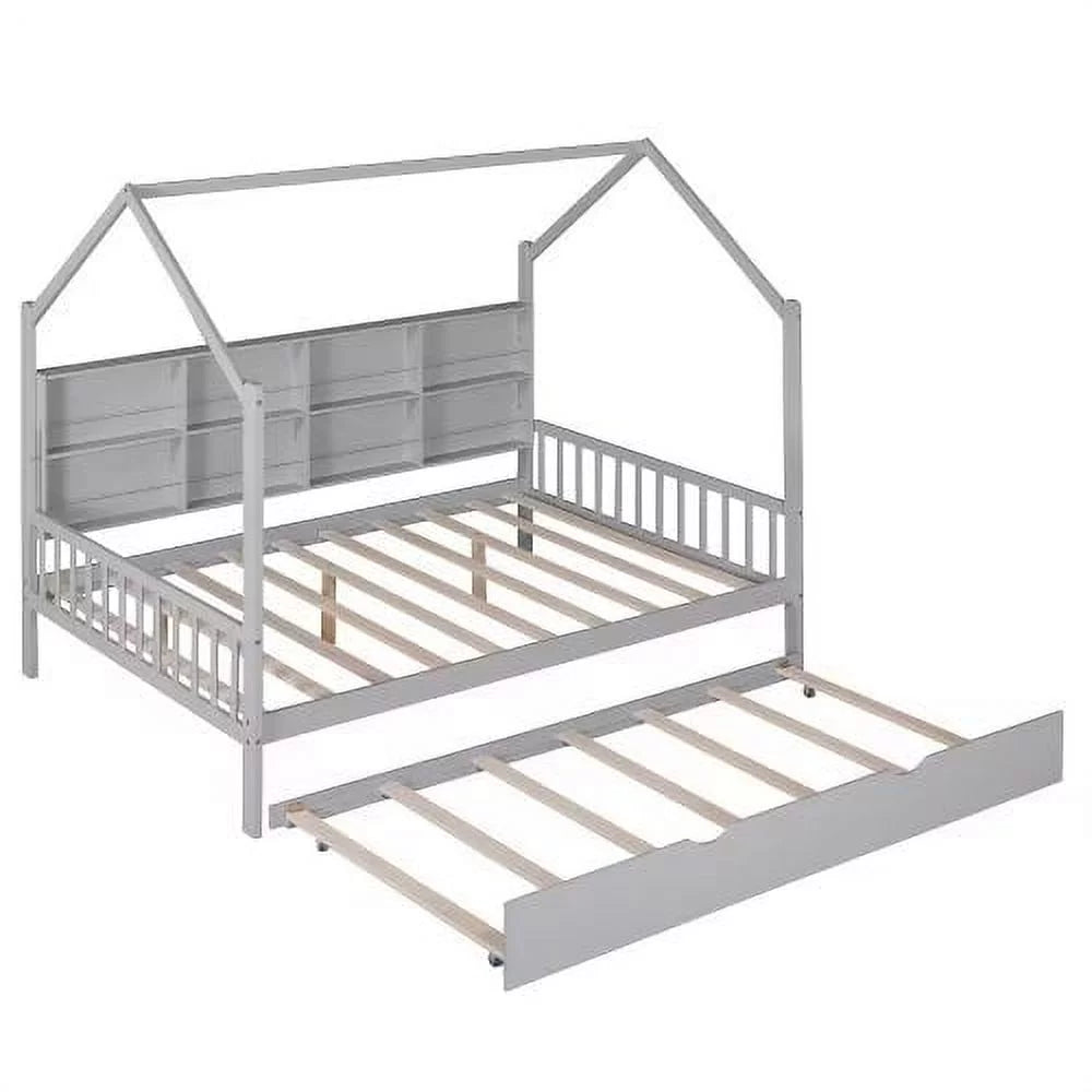 White Full Size Wood House Bed with Trundle and Shelves J853