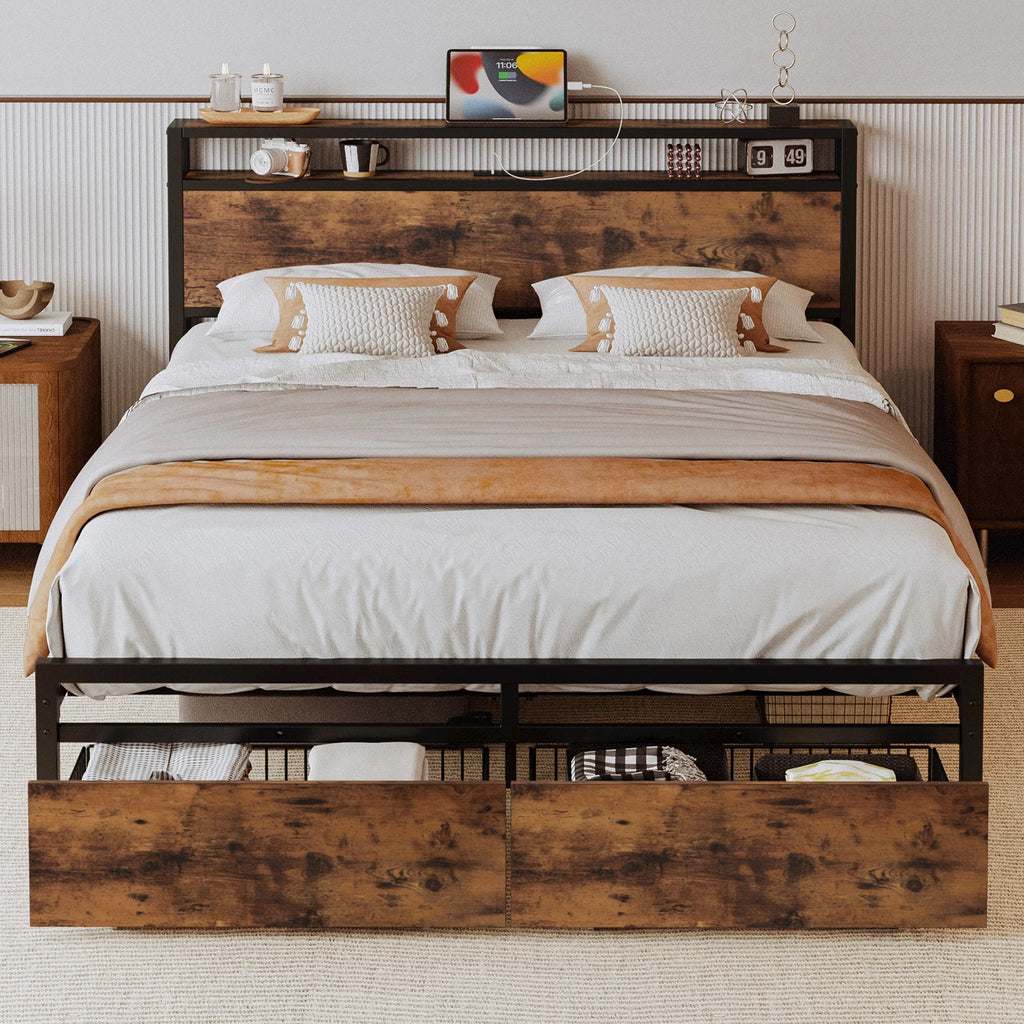 Queen Bed Frame with 2 Tier Storage Headboard and 2 Drawers E2300
