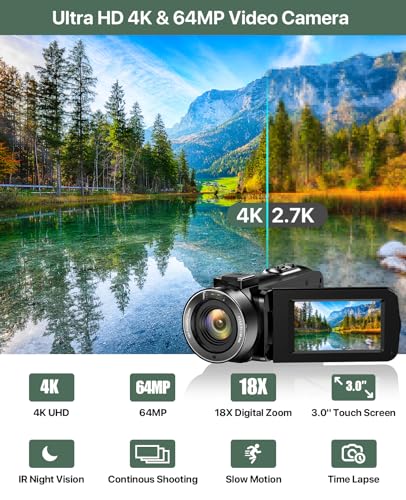 4K Video Camera Camcorder 64MP 18X Digital Zoom 3.0" IPS Screen IR Night Vision T9697