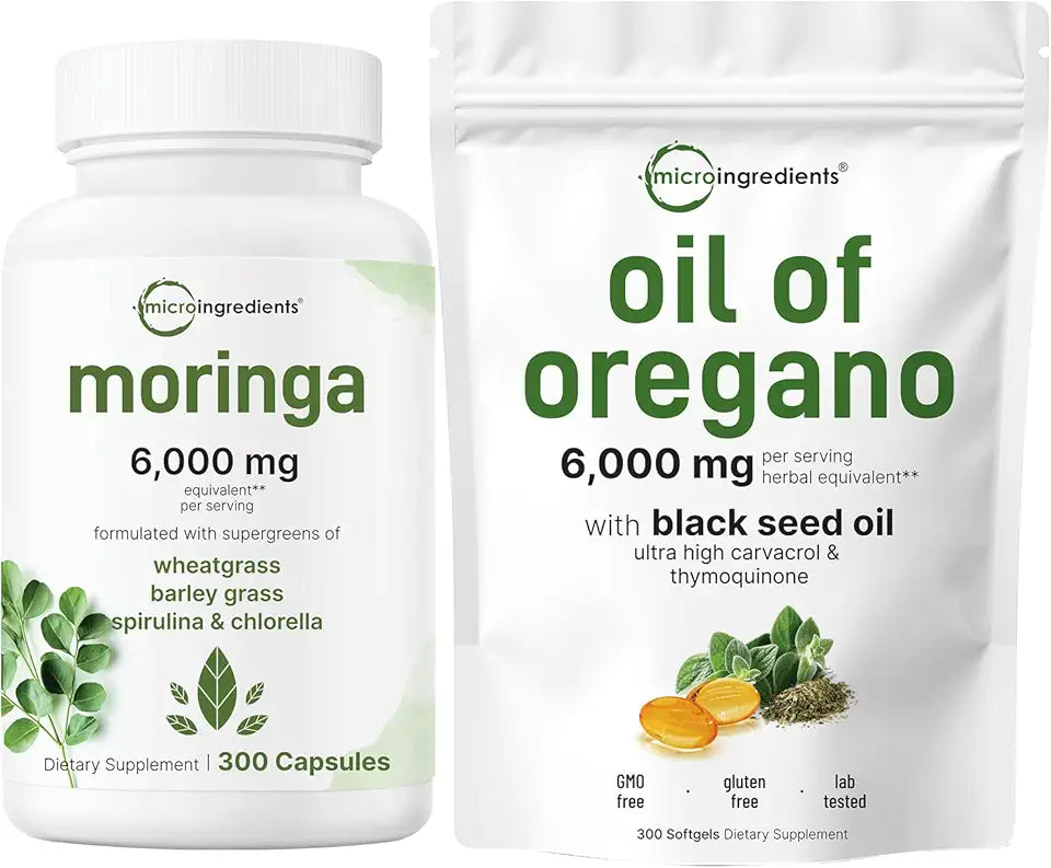 Oil of Oregano Softgels 300 Count & Moringa Oleifera 300 Capsules 2 Pack B1653