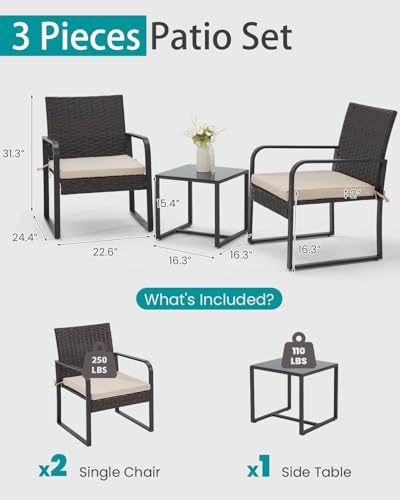 3 Piece Wicker Patio Bistro Set with Glass Coffee Table P489
