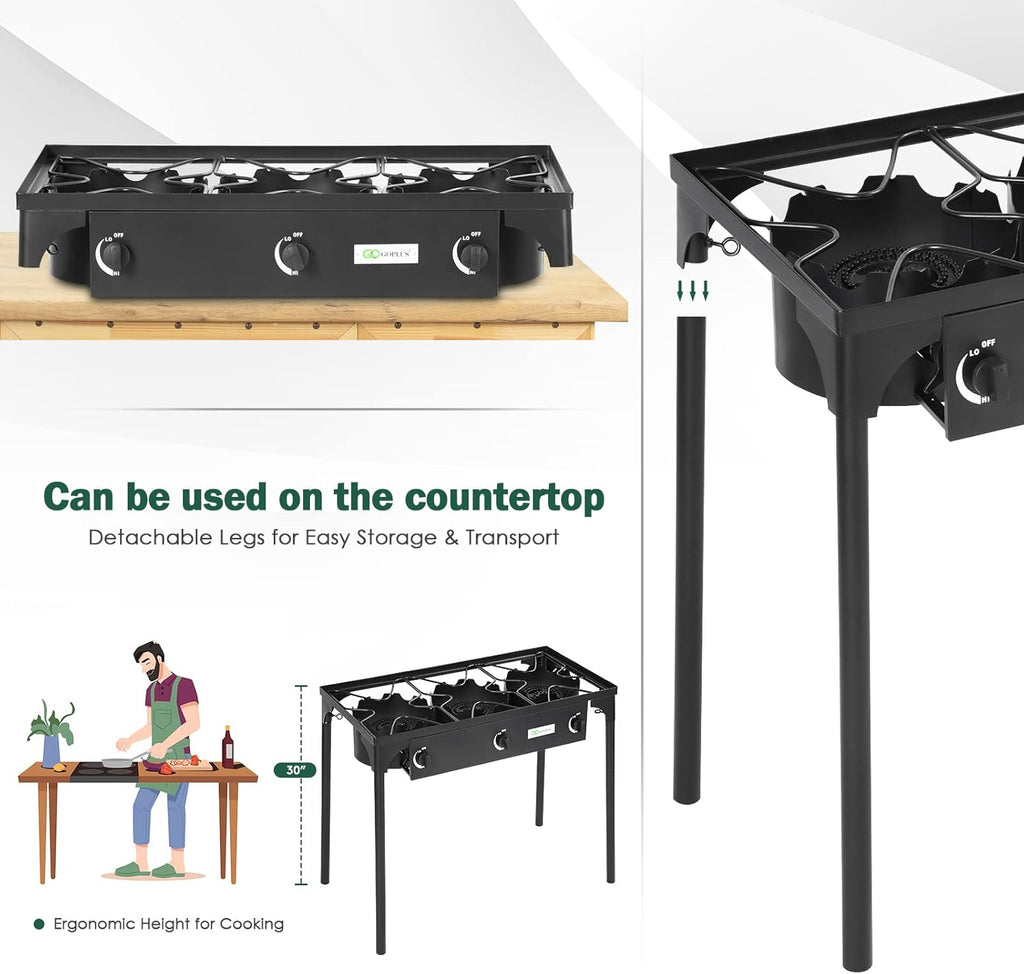 Portable Propane Gas Cooker Iron Cast 3-Burner D797905