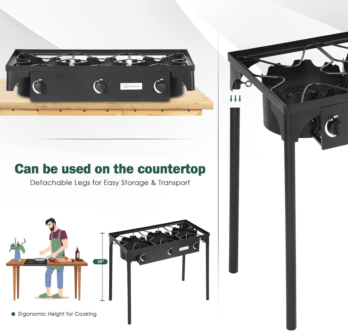 Portable Propane Gas Cooker Iron Cast 3-Burner D797905