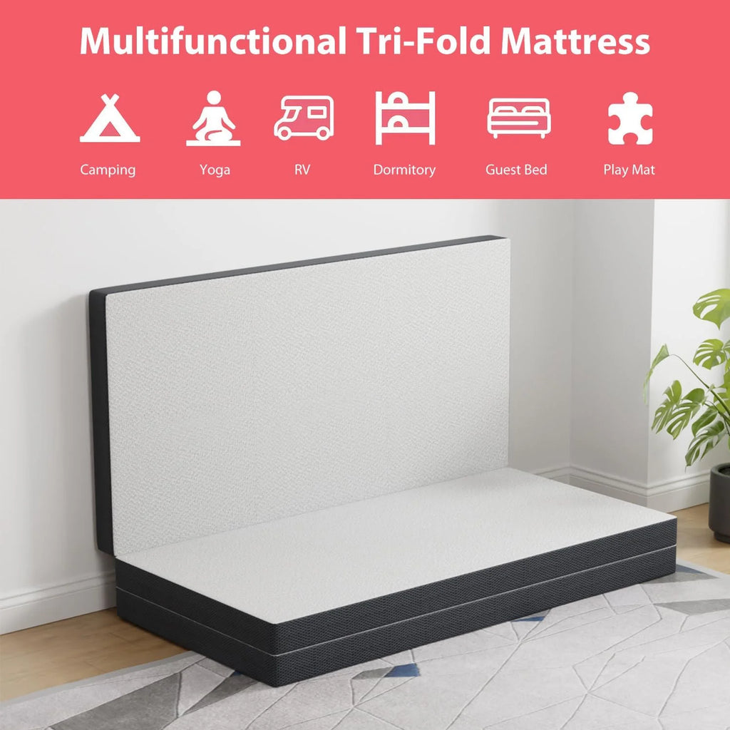 4" Trifold Memory Foam Queen Size Mattress with Washable Cover K8008