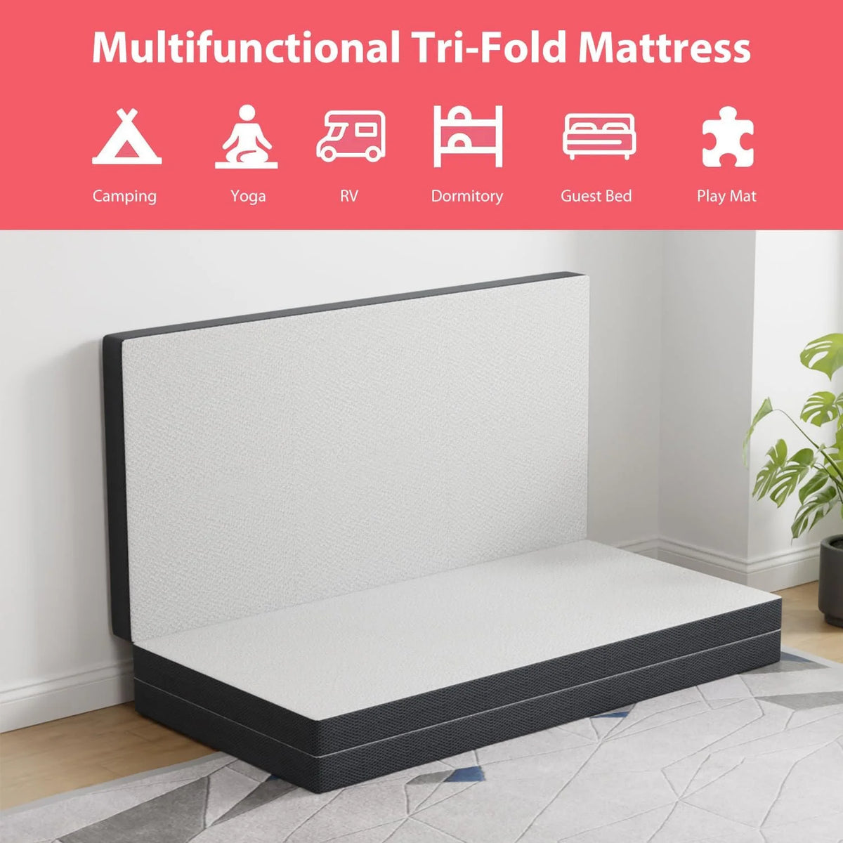4" Trifold Memory Foam Queen Size Mattress with Washable Cover K8008