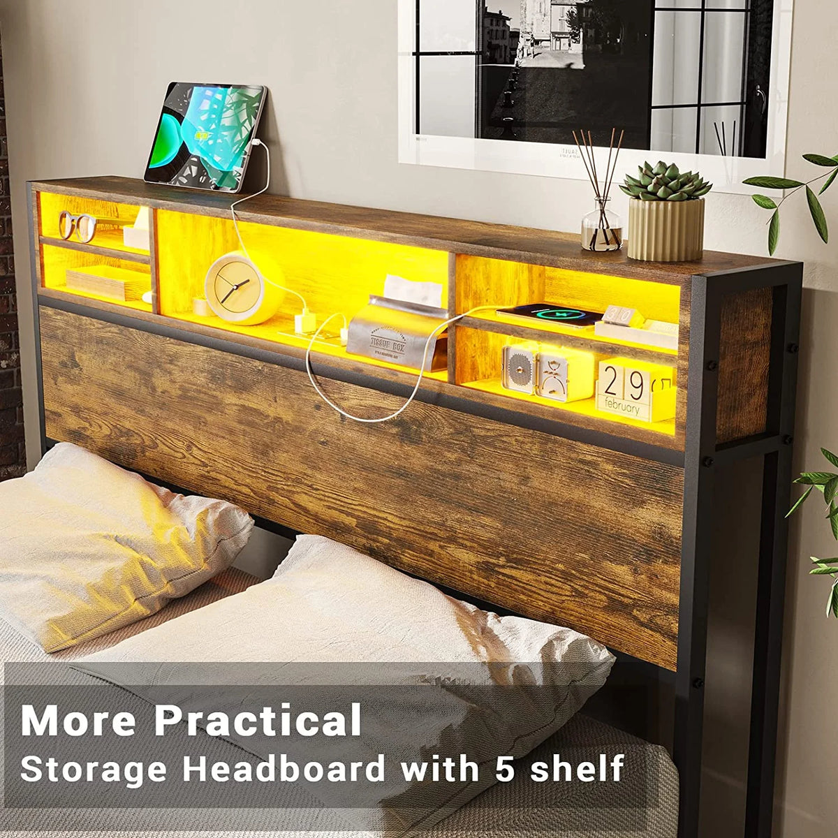 Queen Bed Frame with LED Lights Headboard & 4 Storage Drawers P378