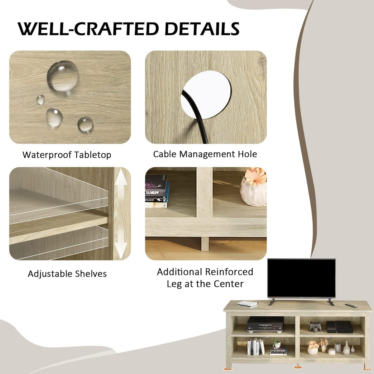 58 Modern TV Stand with 4 Open Storage Cabinets, Oak K12922