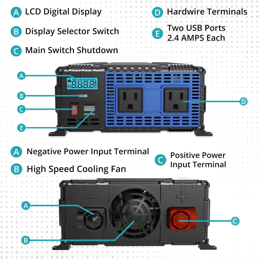 2000 Watt 12V Power Inverter with Dual USB & AC Outlets T92825