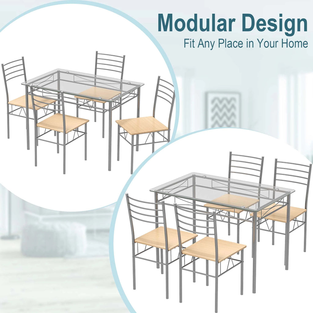 5 Piece Dining Set Table and 4 Chairs Glass Top Brown R28856