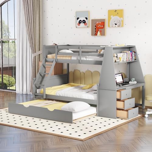 Twin Over Full Wooden Bunk Bed with Desk and Trundle H46358