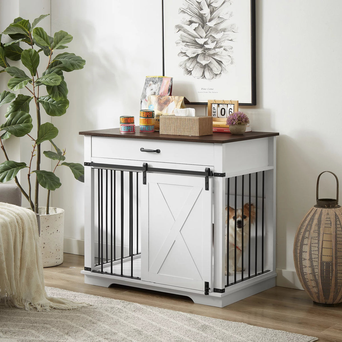 White Wooden Dog Crate with Sliding Barn Door X90263
