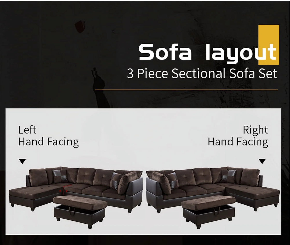 Brown Microfiber Faux Leather Sectional Sofa & Chaise with Ottoman V70763