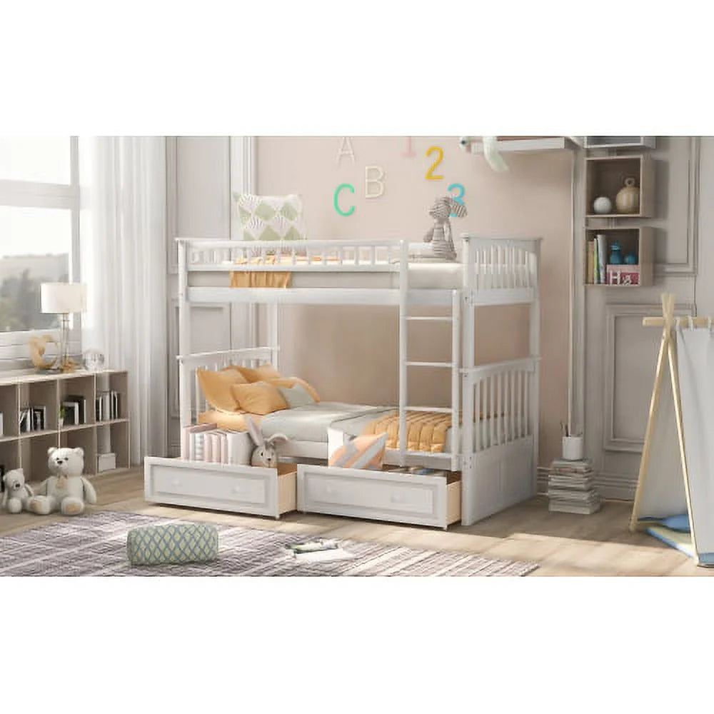 White Twin over Twin Bunk Bed with Drawers Q777949