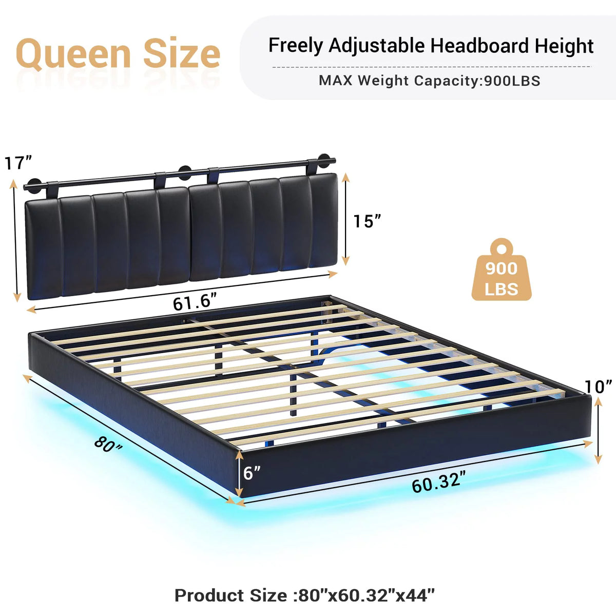 Queen Floating Bed Frame with LED Lights and Wall Mounted Headboard B54815