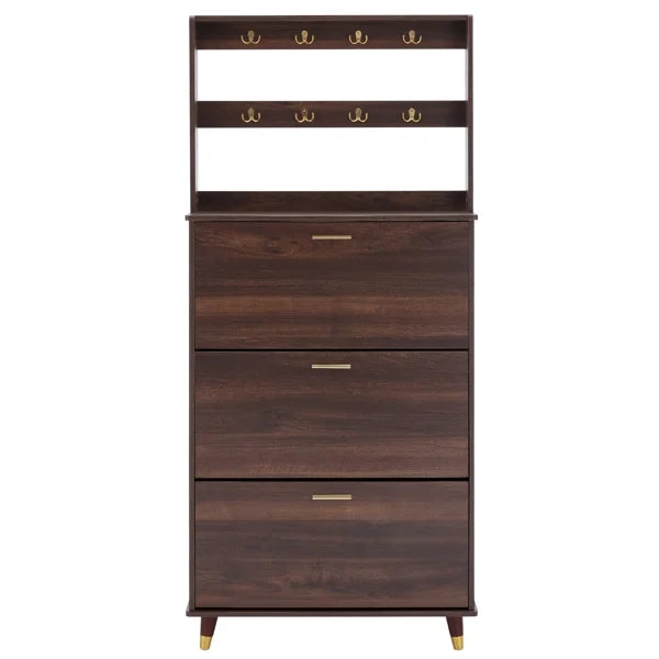 Brown Entryway Wardrobe Armoire Closet with 12 Hooks & 3 Shoe Cabinets Z858146