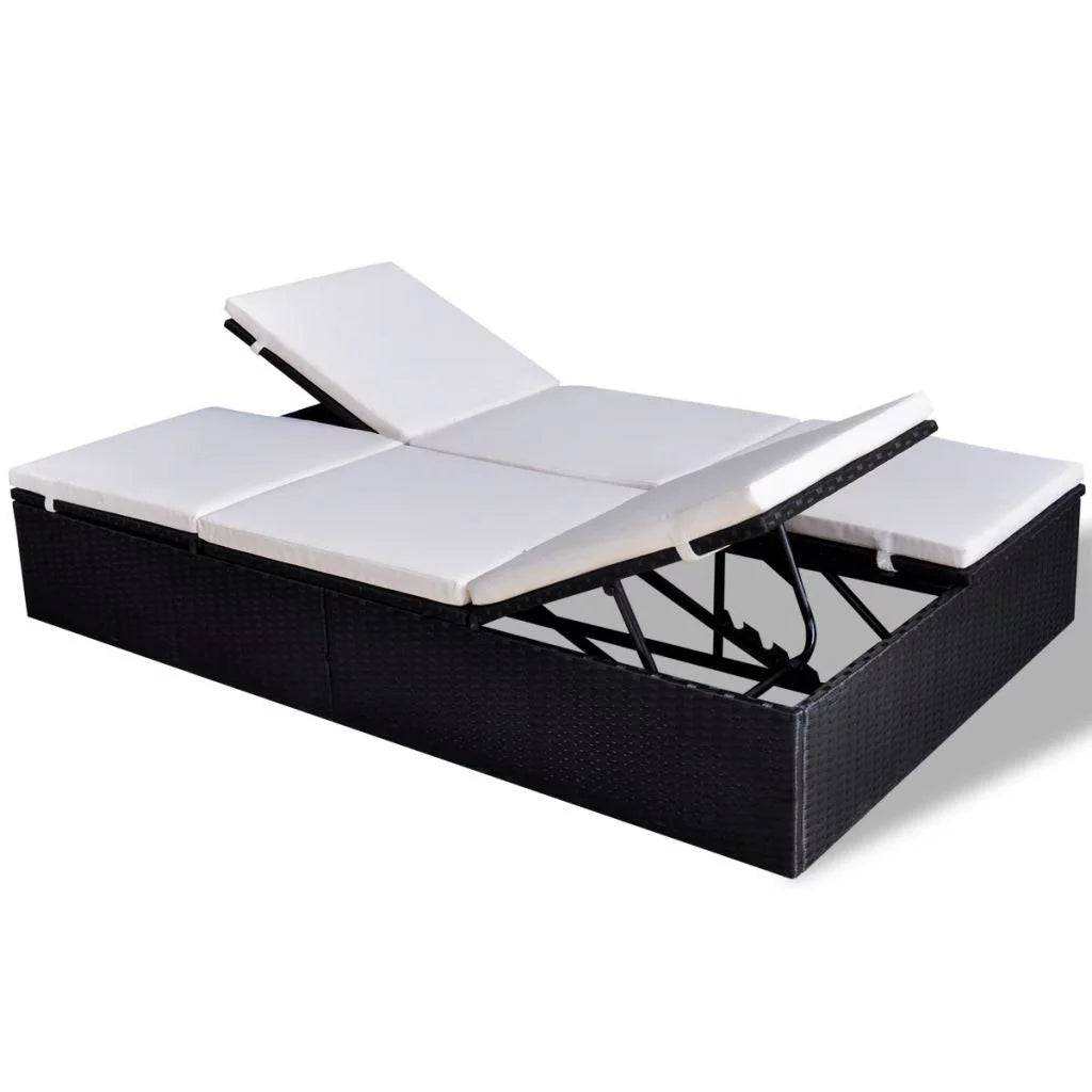 Double Chaise Lounge Chair 2-Person Poly Rattan Sun Lounger with Adjustable Cushion P628