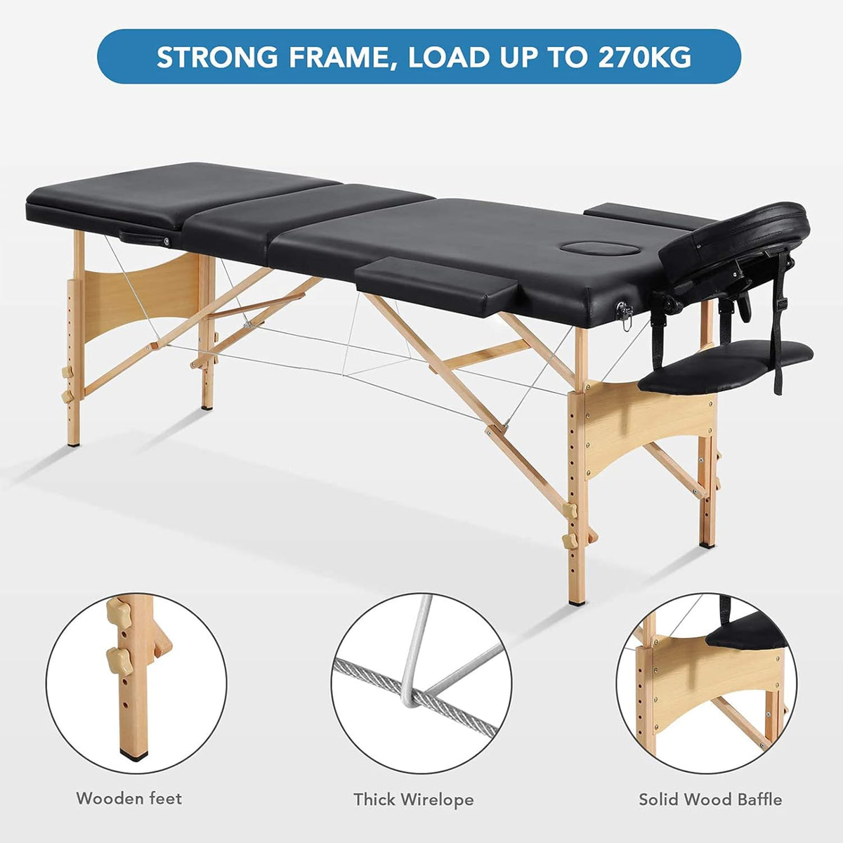 Portable 3 Sections Wooden Massage Table with Face Hole M89854
