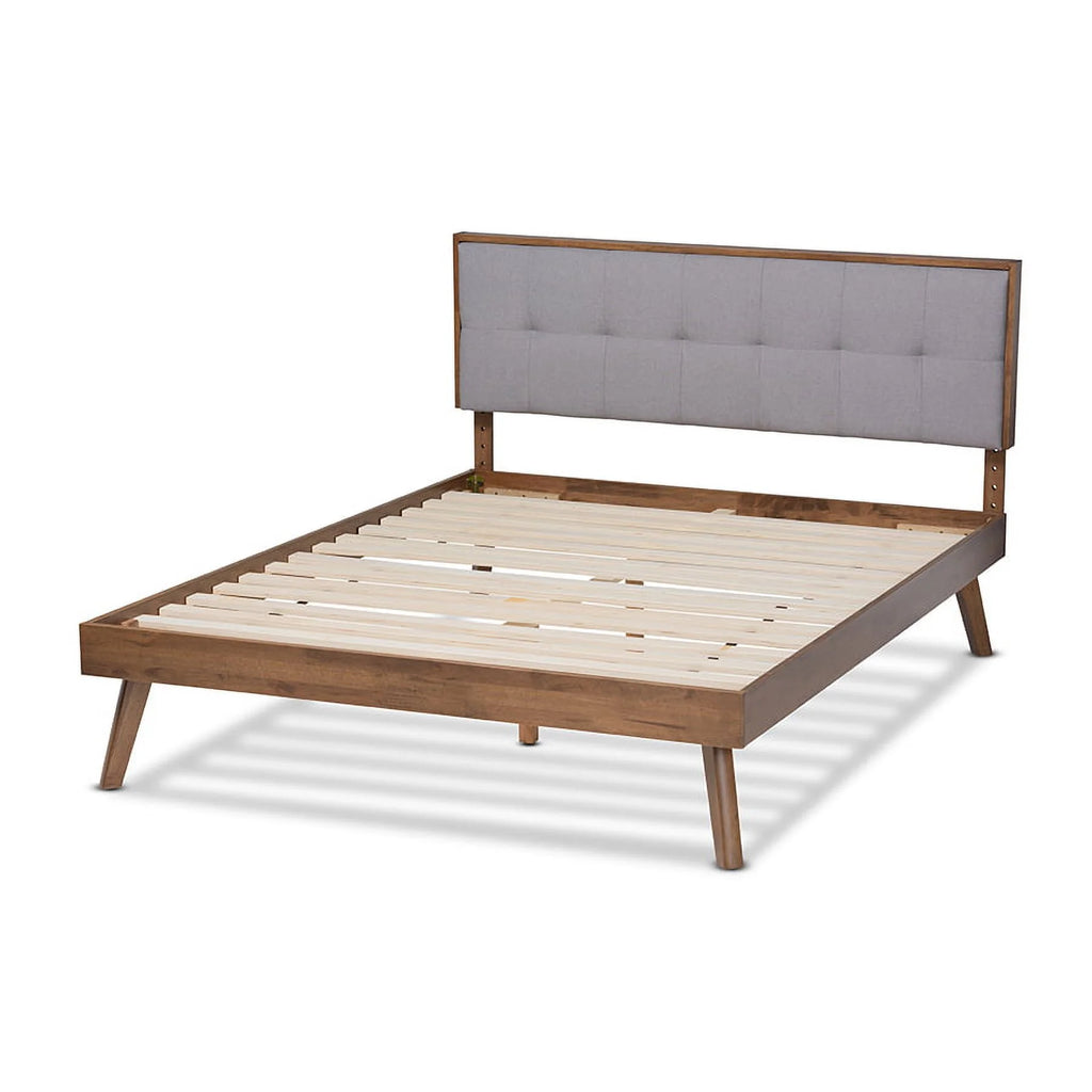 Light Grey Fabric Upholstered Walnut Brown Wood Queen Size Platform Bed G3029