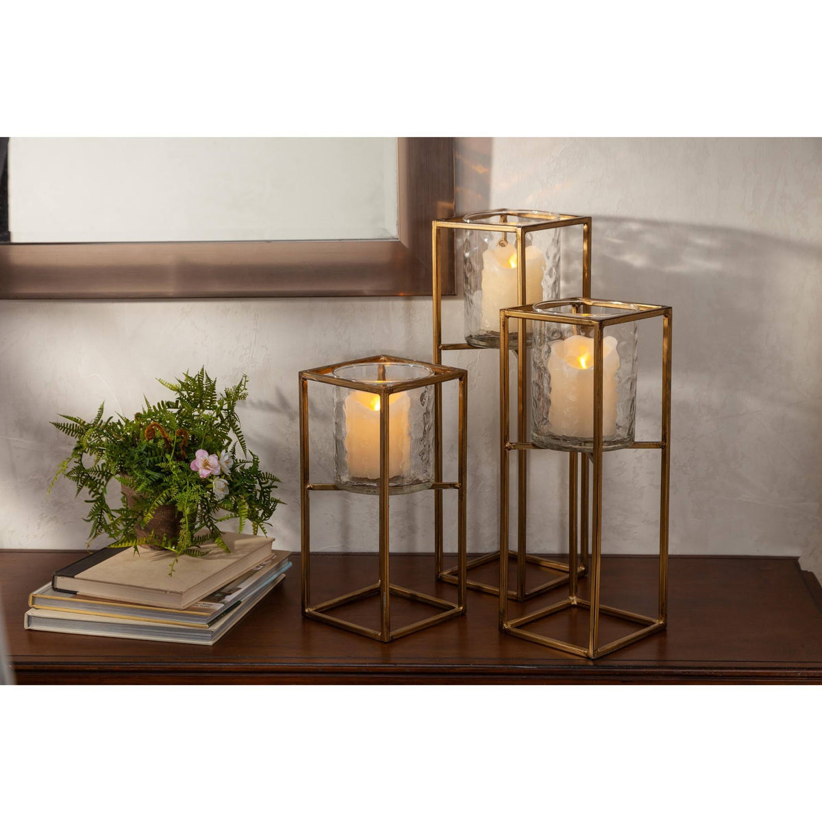 Textured Glass and Gold Metal Candle Holder Set of 3 J368163