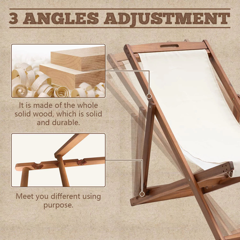 Outdoor Wooden Patio Lounge Chair 2 Set Beach Sling Chair Portable Reclining Solid Wood Frame White Polyester Canvas Khaki D456672