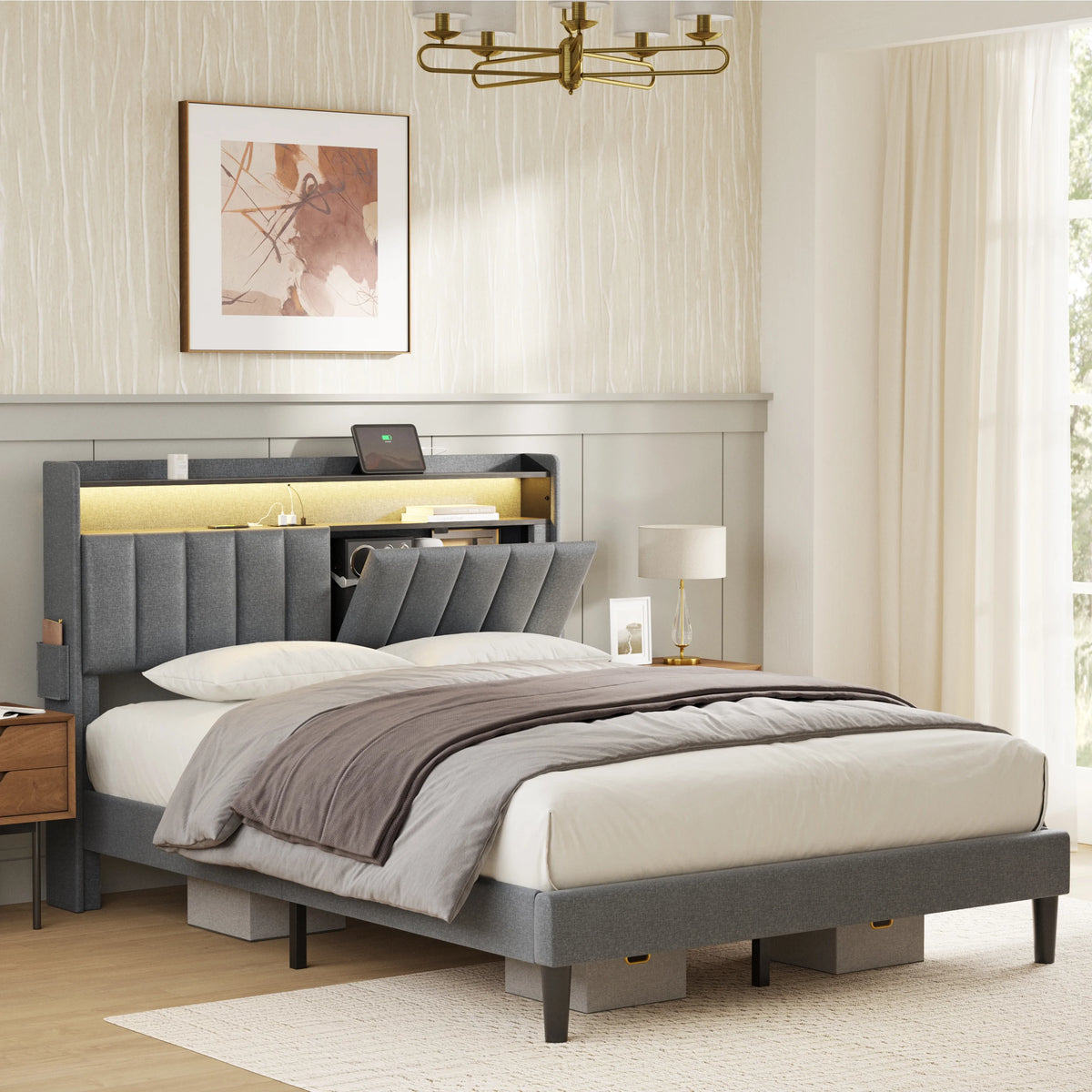 Queen Upholstered Platform Bed Frame with Storage Headboard A771386