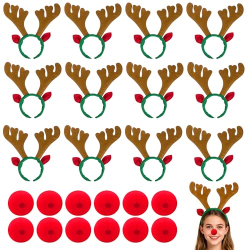 12 Pcs Brown Reindeer Antlers Headband with Red Noses V944