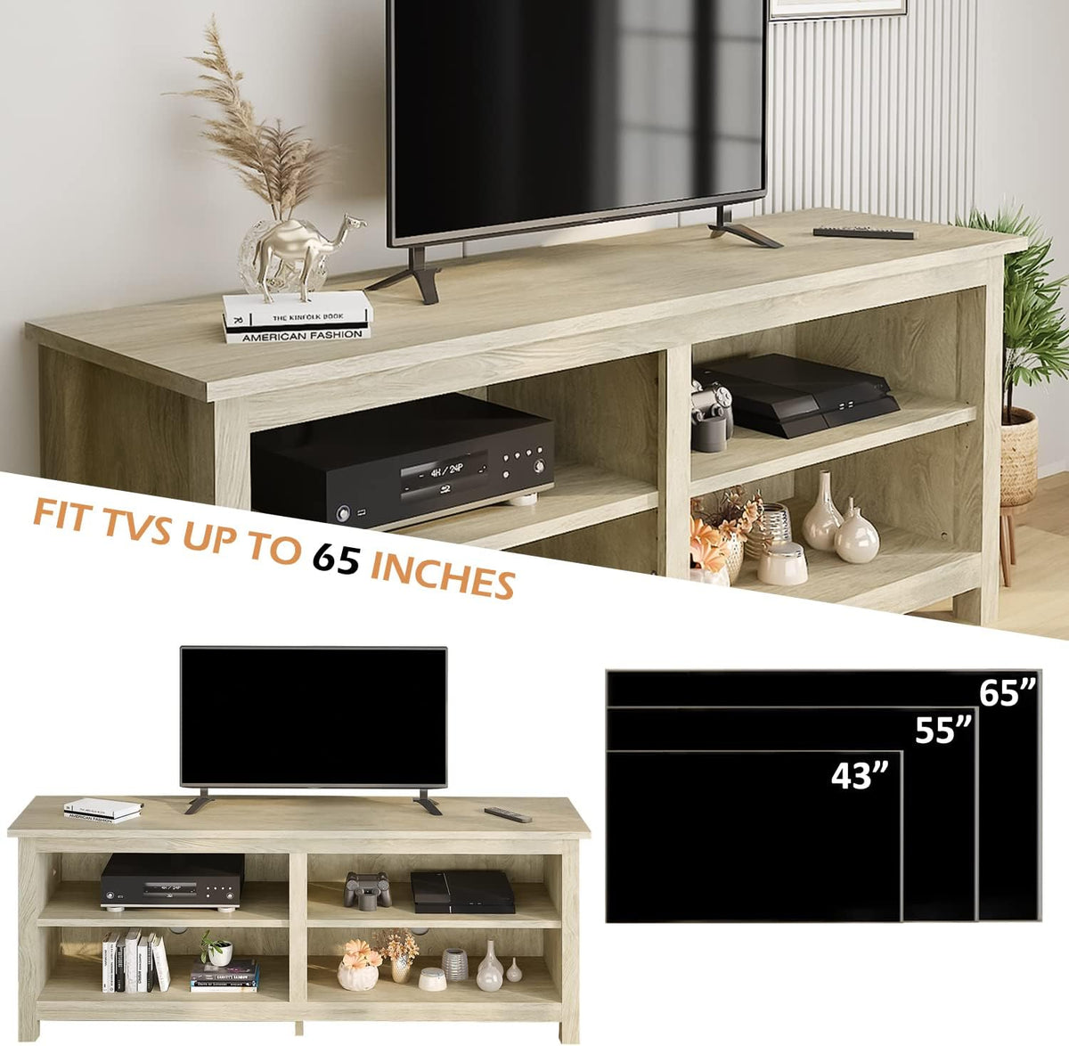 58 Modern TV Stand with 4 Open Storage Cabinets, Oak K12922