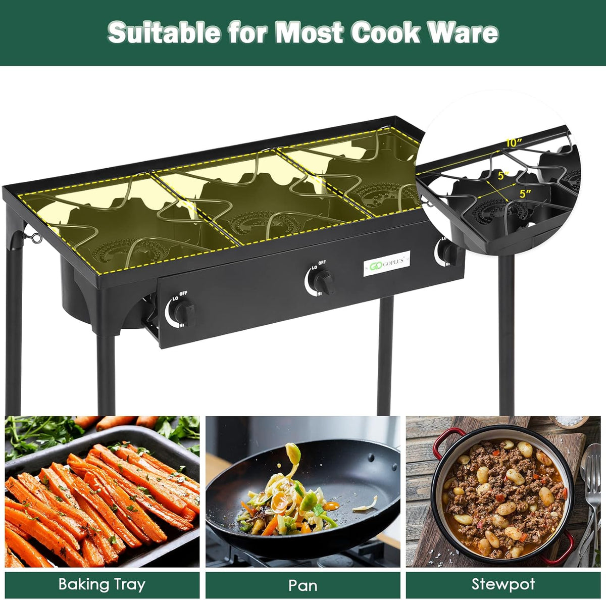 Portable Propane Gas Cooker Iron Cast 3-Burner D797905