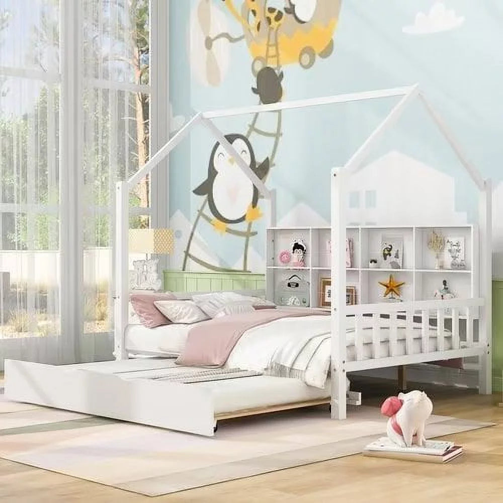 White Full Size Wood House Bed with Trundle and Shelves J853