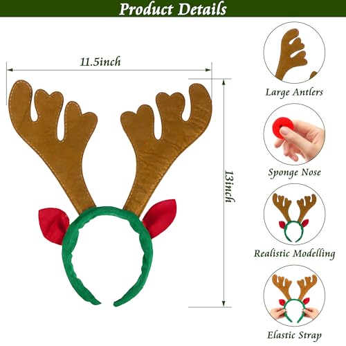 12 Pcs Brown Reindeer Antlers Headband with Red Noses V944