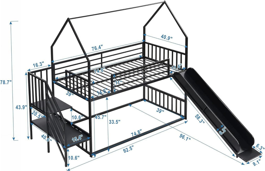 Black Metal Bunk Bed with Slide and Stairs A16749
