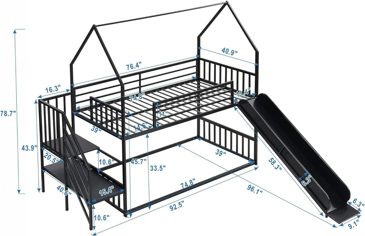 Black Metal Bunk Bed with Slide and Stairs A16749