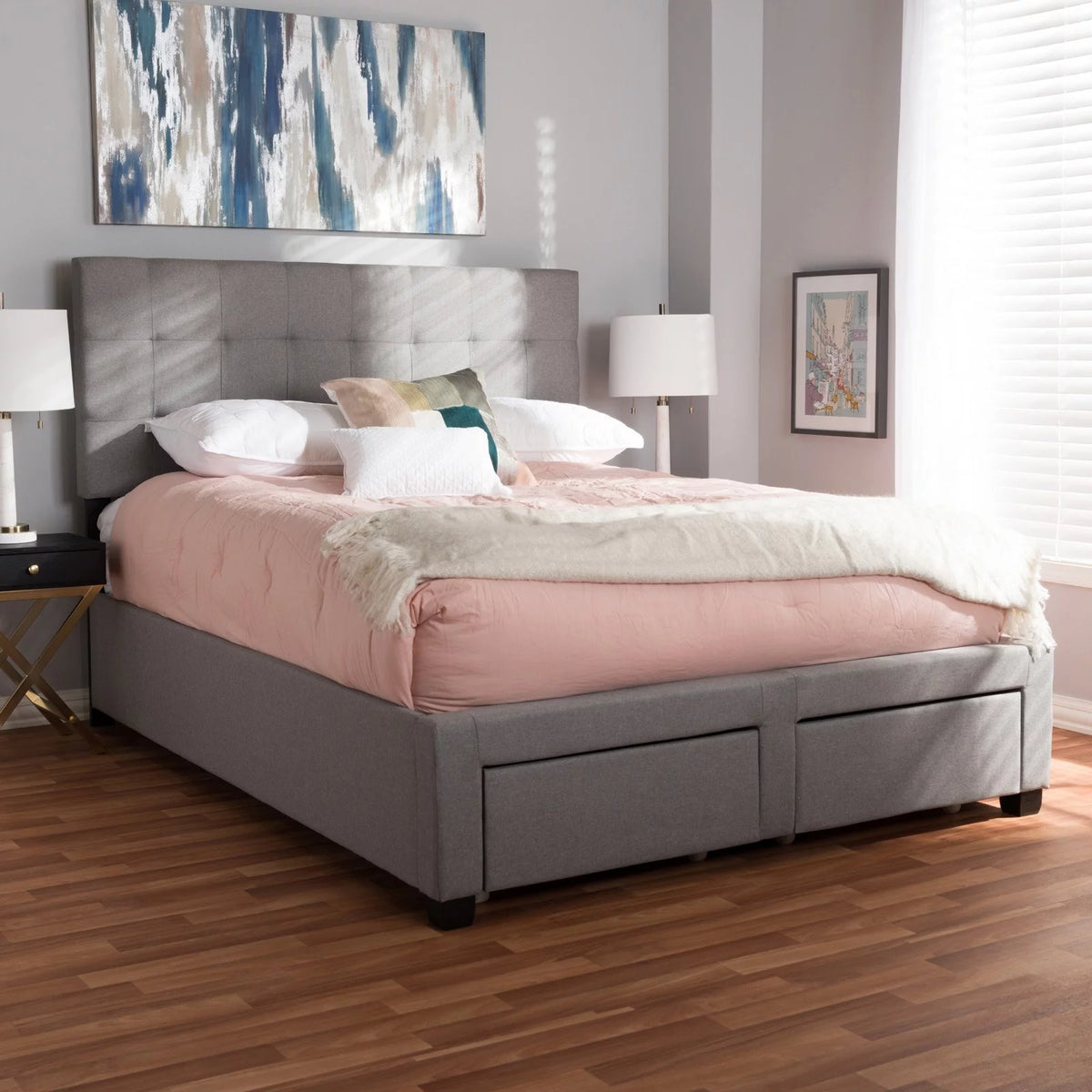 Grey Fabric Upholstered Queen Size Storage Bed S71325
