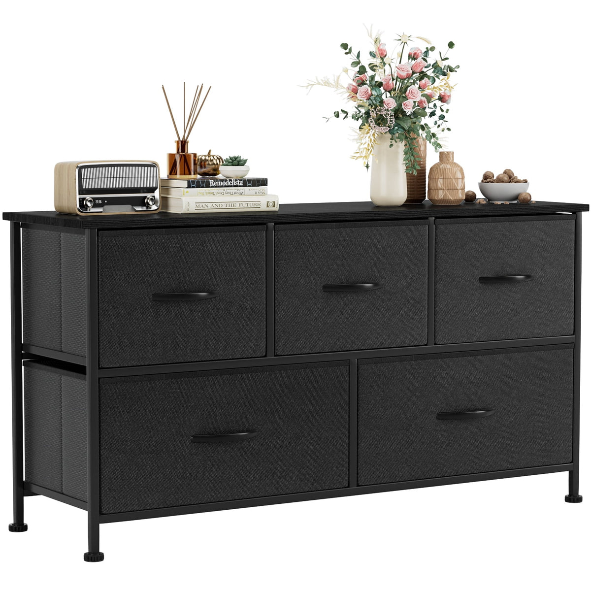 Black 5 Drawer Fabric Dresser I7218